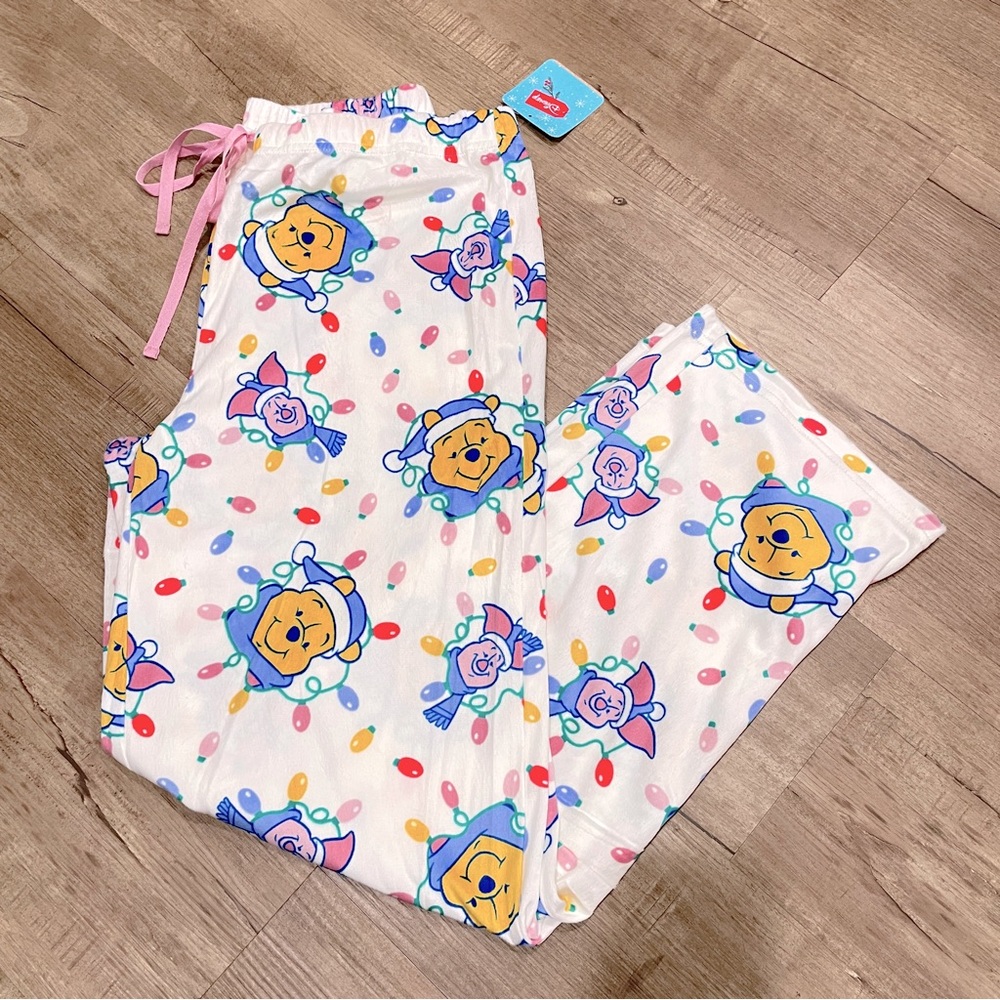 NEW Disney Winnie the Pooh Piglet Christmas Fleece Pajama Pants White Pink XL